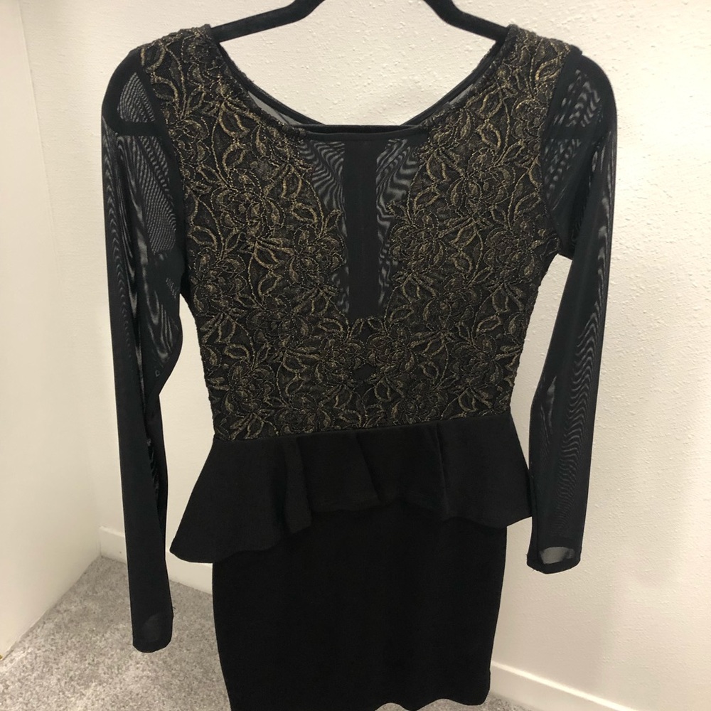 Bebe Black Mesh Dress with Gold Embroidery